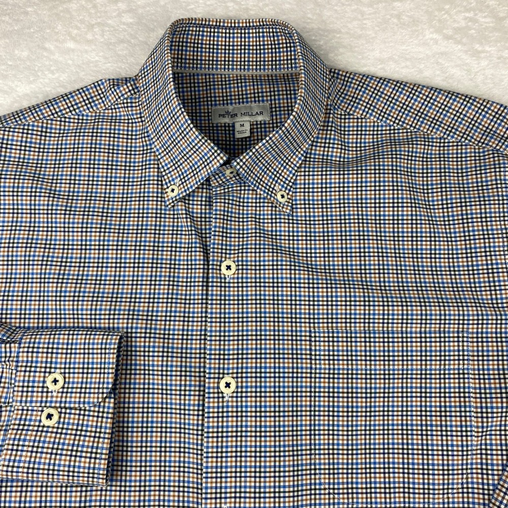 Peter Millar Mens Blue Brown Check Button Down Shirt Size M Long Sleeve Stretch